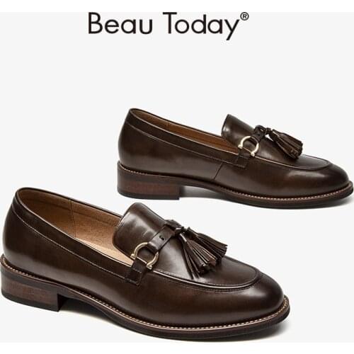 BeauToday Women Loafers Cow Leather Round Toe Tassels Decoration Slip On Spring Fashion Flats Shoes for Women Handmade 27418