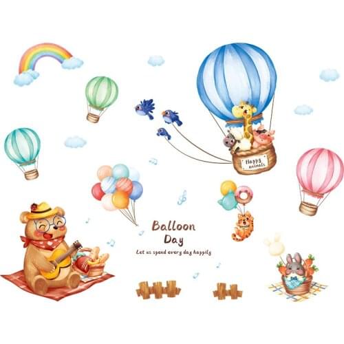 Cartoon Hot Air Balloon Wall Stickers Animals Kids Rooms Bedroom Wall Decortion Door Paste Removable Furniture Wallpaper PVC