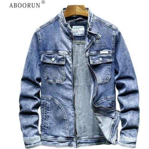ABOORUN Mens Retro Blue Denim Jacket High Quality Multi Pocket Cotton Zip Up Slim fit Jean Coat for Male
