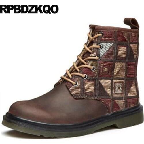 Pattern Full Grain Men Harajuku Military Canvas Shoes Autumn Genuine Leather Boots Ankle Italian Brown Army Fall Combat Lace Up