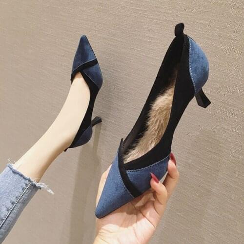 New 2020 autumn and winter womens high-heeled shoes with pointed shallow suede girl single shoes