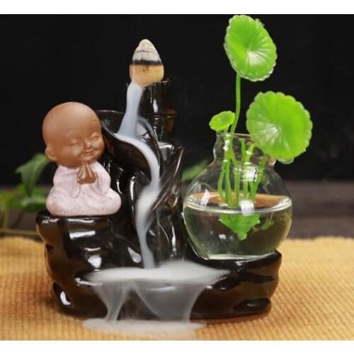 Backflow Incense Burner Tower Cones Holder with Hydroponic Vase Small Monk Lotus Aromatherapy Burner Creative Decoration Tea Pet