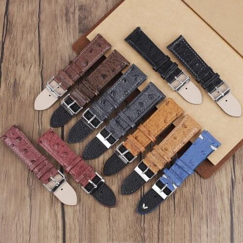 Vintage Ostrich Pattern Watchband Black Watch Strap Leather Watchband 18mm 20mm 22mm 24mm Watchband Belt for Watch Accessories