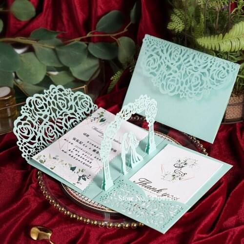 50PC/Lot Wedding Invitations Bridal Groom Marriage Laser Cut Invite Card Pocket Personalized Insert Printing Multi Color