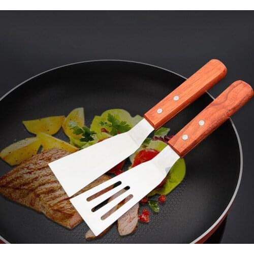 VFEGTERTE 2pcs/set BBQ Tools Stainless Steel Leaky Steak Fried Shovel Spatula Pizza Cutter Spade with Wooden Handle Home Kitchen