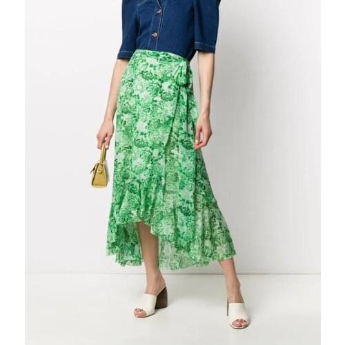 Women Skirt 2020 Autumn Summer New Skirt Rose Print Irregular Midi Skirt With belt