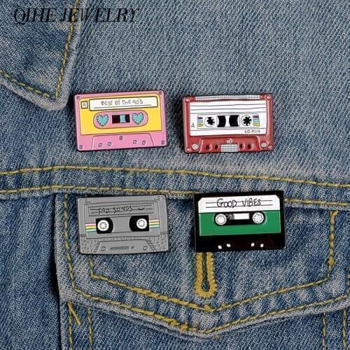 QIHE JEWELRY Best Songs Vintage Tape Enamel Pin Pink Grey Red Green Brooch Lapel pins Badges Clothes Bag Jewelry Gift for Friend