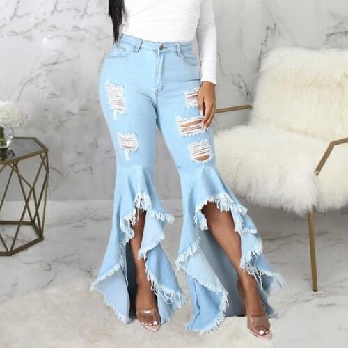Women Jeans Sexy Ripped Streetwear High Waist Flared Denim Trousers 2021 Summer New Stretch Slim Fit Lady Jeans Flared Pants