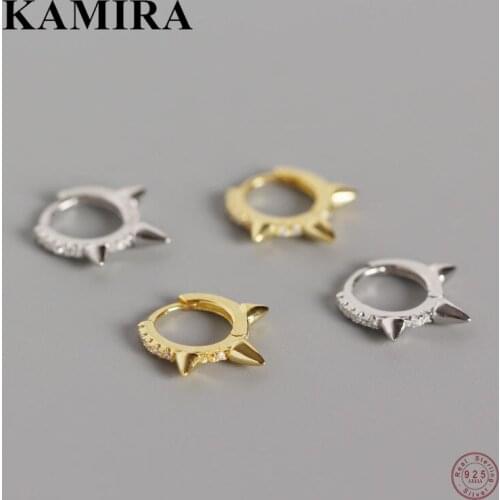 KAMIRA 925 Sterling Silver Punk Pave Zircon Ear Buckle Spiket Rivet Hoop Earrings for Women Party Circle Ring Loops Jewelry 2021