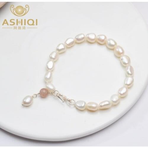 ASHIQI Baroque freshwater pearl Natural Strawberry crystal Charm Bracelets for women 925 Sterling Silver clasp Jewelry gift