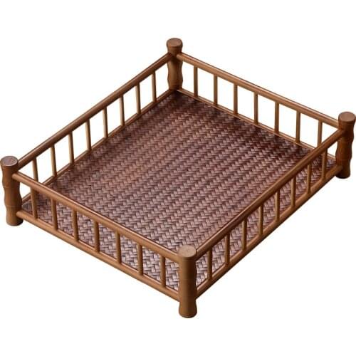 Japanese style bamboo rectangular tea tray teacup holder, retro Zen tea set storage tray, household bamboo woven mat tray