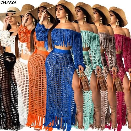 2019 women gauze grid hollow out beach two piece set off shoulder tassel short top high side split skirt suit long dress S3554