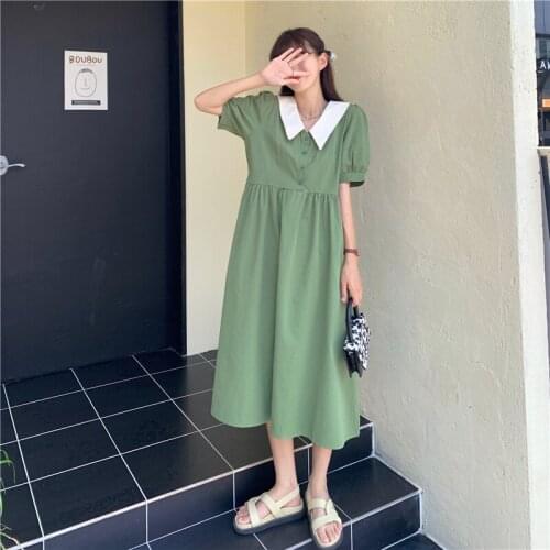 Square Neck Short-sleeved Dress Female Summer 2021 New Korean Version of The High-waisted Thin A-line Mid-length Skirt