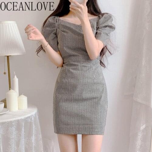 OCEANLOVE Vinatge Plaid Vestidos Sqaure Neck Bodycon Sexy Sheath Dress Women Puff Sleeve Korean Fashion Robes Mini Dresses 17206