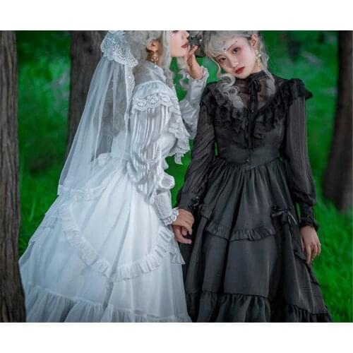 Women Gothic Vintage Lace Ruffle Lolita Long Sleeve Black/White Chiffon Dress Female Retro large pendulum dresses B633