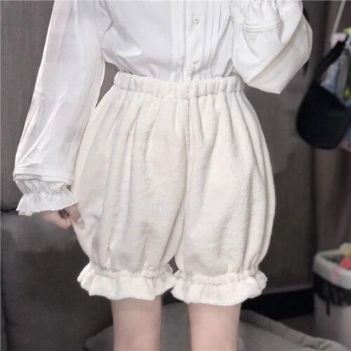 Winter Cute Lolita Girls Warm Velvet Shorts Sweet High Waist Womens Plush Shorts Summer Kawaii Fluffy Bloomers Pink White
