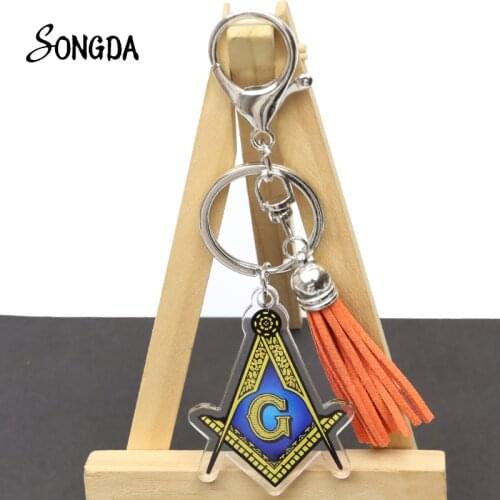 Masonic Freemason Freemasonry G Tassel Acrylic Pendant Keychain Holder Symbol Masonic Illuminati Key Ring Double Sided Jewelry