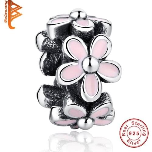 BELAWANG Original 925 Sterling Silver Daisy Flower Charms Fit Beads Bracelet For Women Pink Enamel Charms Jewelry