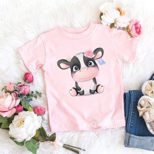 Pink Tshirt Top for Girl Cute Animal Cow/Turtle/Bunny/Elephant/Owl/Cat/Sloth/Sheep/Fox/Dinosaur Print Kids Clothes Child T-Shirt