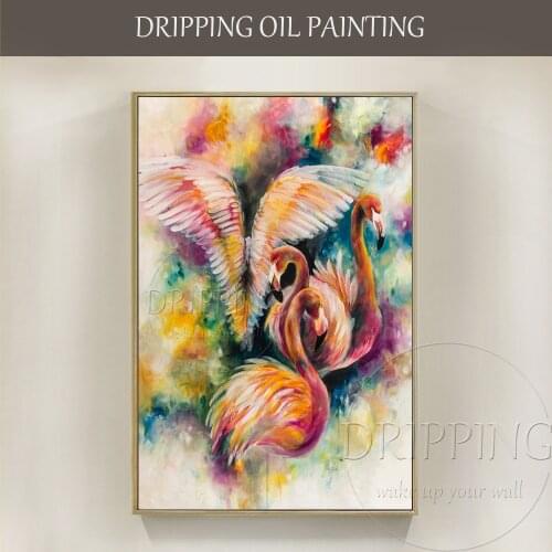 Rich Colors Handmade Abstract Animal Flamingo Oil Painting on Canvas Unique Bird Vivid Colors Pink Animal Flamingo Oil Painting