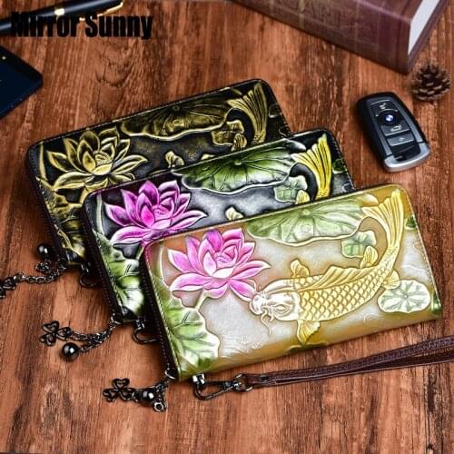 2020 New Ladies Wallet Summer Hand-painted Ethnic Style First Layer Cowhide Genuine Leather Retro Embossed Long Purse Clutch Bag
