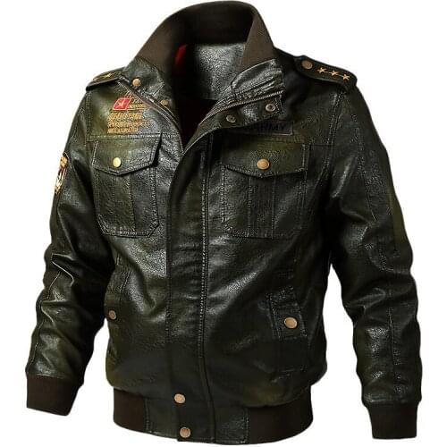 Spring Autumn Mens Clothes Vintage Military Style Leather Bomber Jacket Windproof Chaqueta Moto Hombre PU Leather Jackets Coat