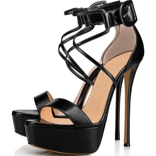 Woman Black Gold Pink Matte Leather One Line Platform Sandals Super Thin Heels Cross Buckle Strap Sexy Party Sandals Shoes