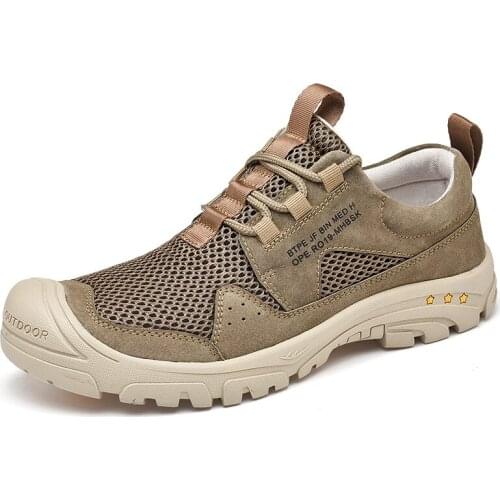 Summer Outdoor Fashion Men Genuine Leather Breathable Mesh Casual Shoes Male Lace-Up Sewing Hiking Sneakers Sandals 20200309