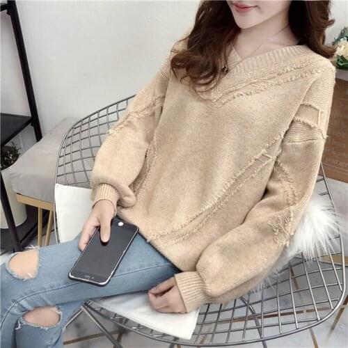 Autumn Winter Pullovers Women Tassel Loose V-Neck All-match Korean Warm Sweater Fashion Elegant Jumper Ladies Knitted Tops M063