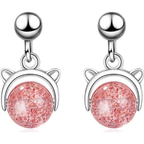 Pink Strawberry Crystal Cute Small Cat Stud Earring Trend Creative Pendientes Jewelry Boucle D'oreille SAE68