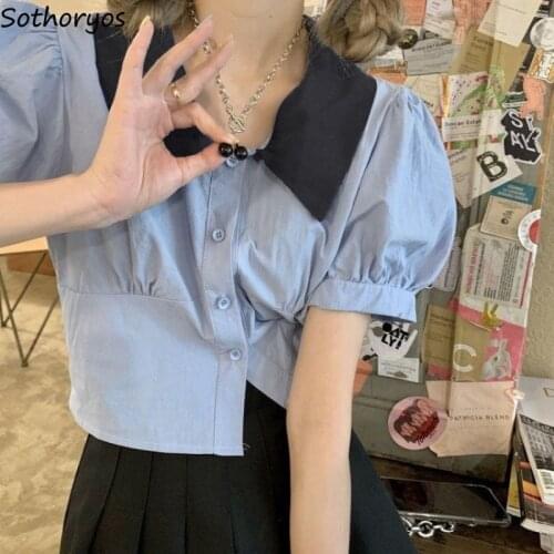 Shirts Women Puff Sleeve Patchwork All-match Fashion Streetwear Harajuku Summer Female Blouses Baggy Casual Slim Temperament New