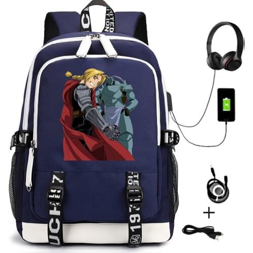 Cartoon Backpack Anime Fullmetal Alchemist Casual Travel School Bag for Teenagers Unisex USB Laptop Shoulder Bags Zipper Bookbag