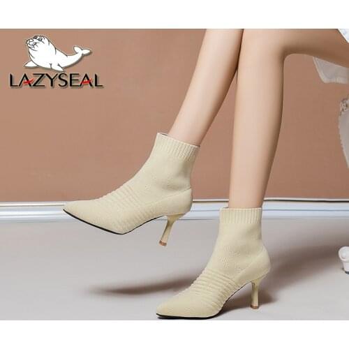 Lazyseal 8cm Elegant Basic Womens High Boots Stretch Fabric Pointed Toe Women Party Shoes Slip On Classic High Heels Ankle Boot