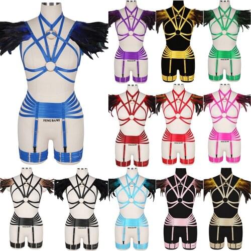 Sexy Harajuku Elastic Harness Garter Belts Punk Natural Feathers Tops Gothic Straps Lingerie Set Erotic Suspenders Bondage