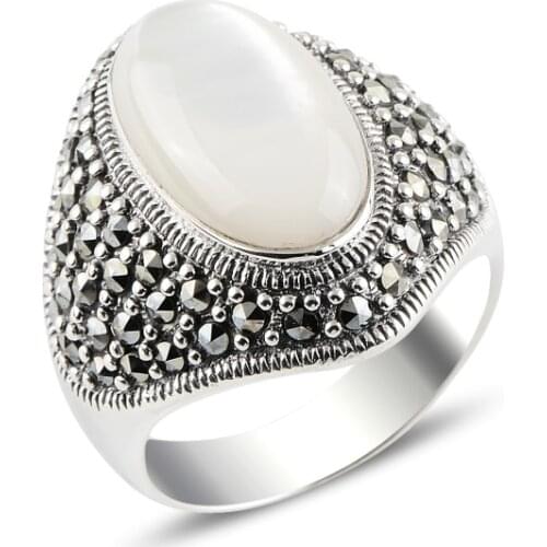 Silver 925 Sterling Pearl & Marcasite Ring