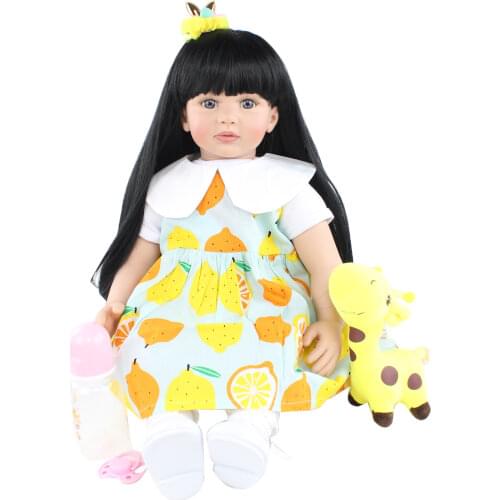 60cm Silicone Reborn Baby Doll Toys For Girl Vinyl Black Long Hair Princess Toddler Dress Up Boneca Bebe Kids Birthday Gift