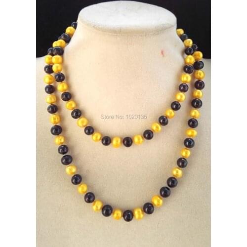 Wow! freshwater pearl near round black yellow 8-9mm color necklace 30" nature wholesale bead discount gift