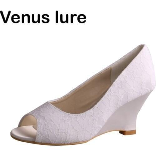 Venus lure Custom Handmade Open Toe Ladies Bride Shoes for Wedding Wedge Lace