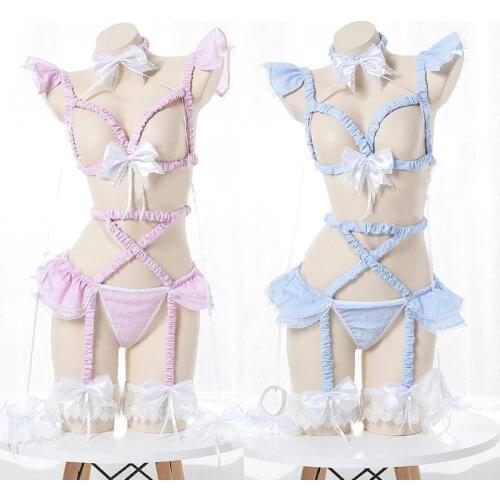 Gothic Pink Bow Chiffon Harness Heart Ring Open Bust Top Bondage Body Cage Lingerie Pastel Punk Body Harness Belt Woman Garter