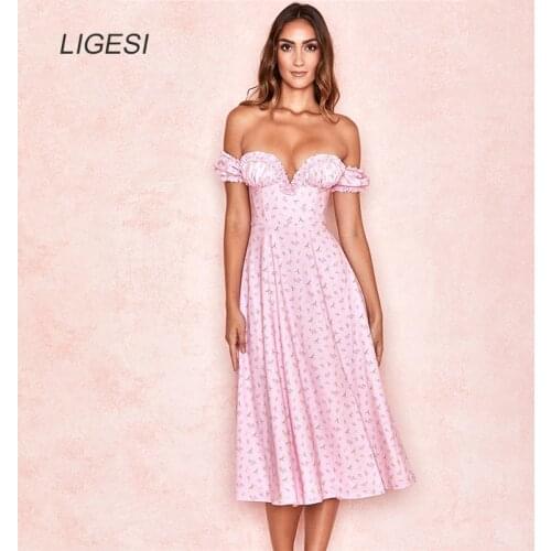 2020 Summer New Arrival Streetwear Strapless Floral V-neck Short Sleeve High Waist Irregular Dress Women Elegant