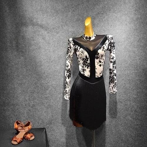 New Floral Printing Latin Dance Dress Tassel Jumpsuit Ballroom Practice Dancewear Long Sleeve Elegant Competition Costumes Lady