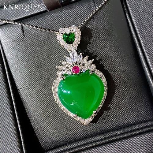 2020 Trend 20*20mm Heart-Shaped Simulation Jade Ice Chalcedony Lab Diamond Pendant Necklace Silver Plated Fine Jewelry Wholesale