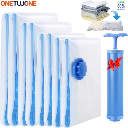 5 Pcs Vacuum Storage Bags,80% More Storage! Hand-Pump for Travel! for Bedding, Pillows, Towel, Blanket, Space Saver Clothes Bags