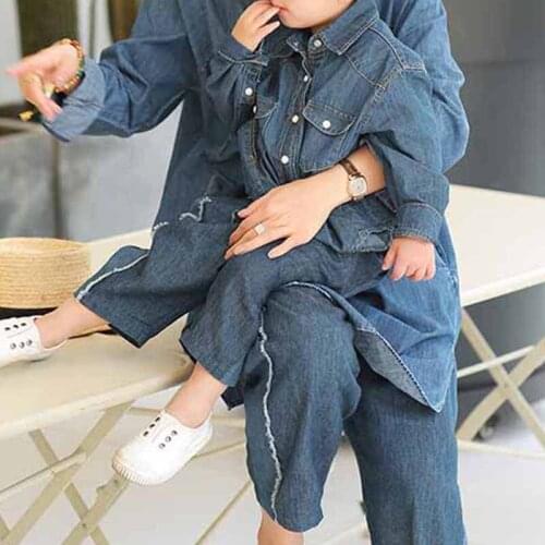Korean childrens autumn fashion new top personality front and rear buttons washed denim parent-child shirt