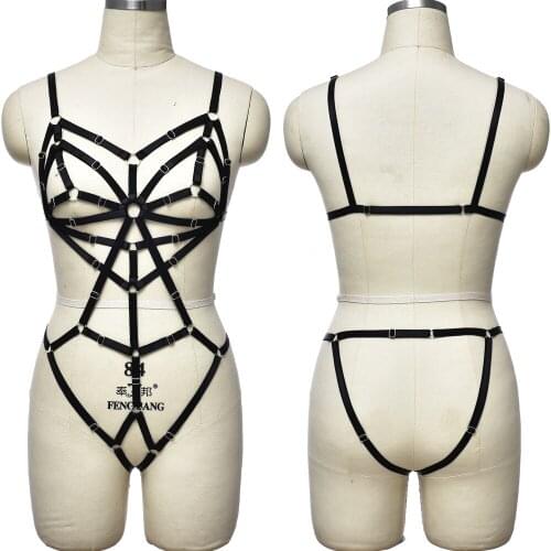 Elastic Adjustable Bondage Body Harness Belt Black Goth Hollow Body Cage Punk Sexy Lingerie Harness Set Women Full Bodysuit