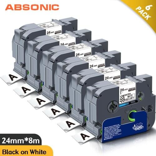 Absonic Tze-SE5 Tze SE5 24mm*8m Security Tapes Black on White TZEse5 TZ SE5 Compatible for Brother PT-H100 PT-H110 Label Maker