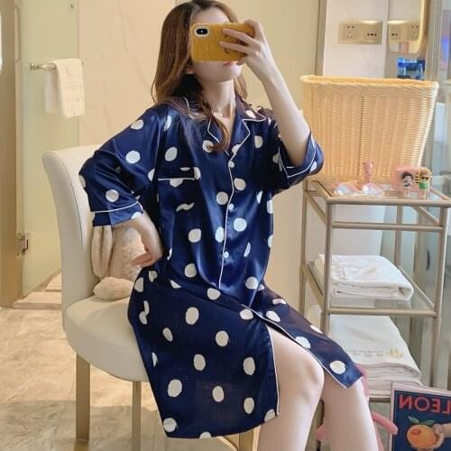 Fdfklak M-3XL Plus Size Nightgowns For Women Print Polka Dot Silk Sleepwear Dress Loose Ladies Nightdress With Pocket Nightshirt