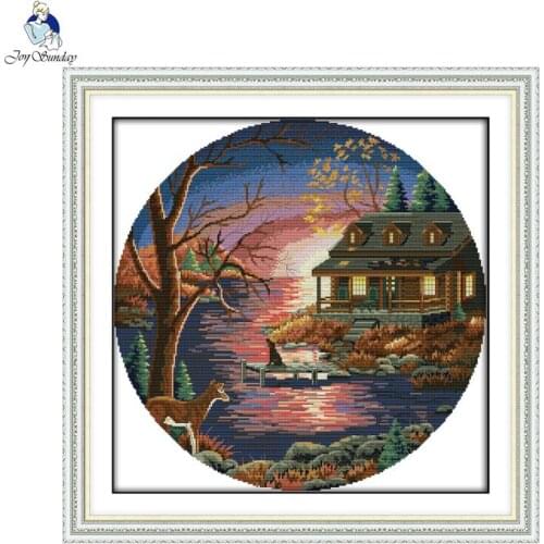 Joy Sunday Sunset lake villa Patterns DIY Handmade DMC 14ct and 11ct Cross stitch kit and Precise Printed Embroidery
