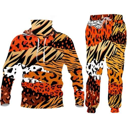 OGKB Selling Mens 2 Piece Suit Animal 3D Printing Leopard Patchwork Print Harajuku Hoodie And Jogging Pants Oversize Wholesale