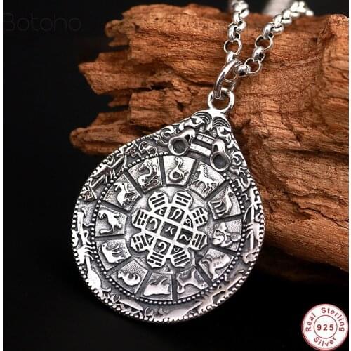 Authentic 925 Sterling Silver colour Round Pendant Chinese Zodiac For Men Vintage Punk Rock Man Jewelry Buddhist Accessories